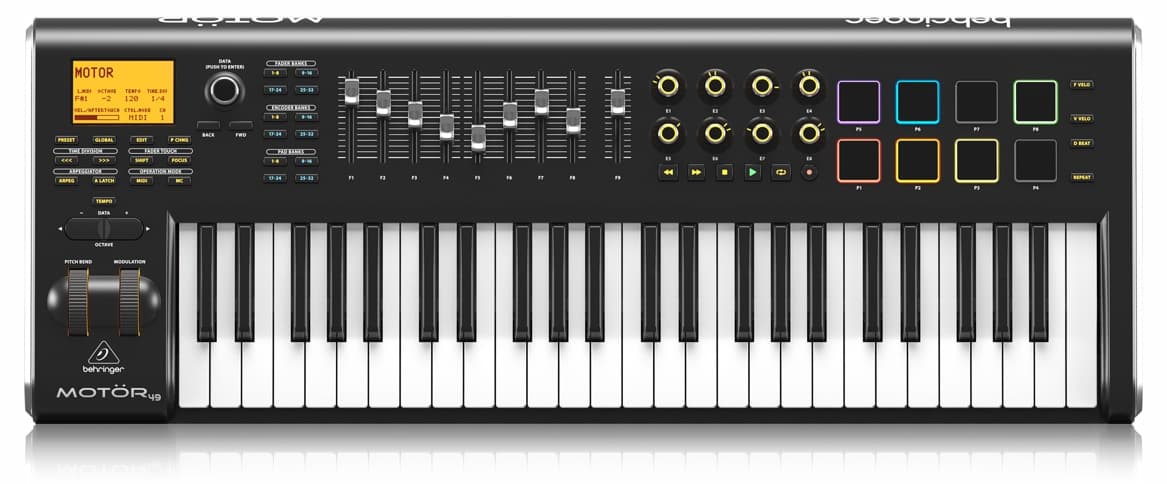 Behringer MOTOR-49 MIDI-клавиатура, USB-контроллер, 49 клав, 9 мотор.фейдеров,8 контролл, 8 пэдов, LCD, MIDI I/O/T, входы пед.SUSTEIN и EXPRESSION