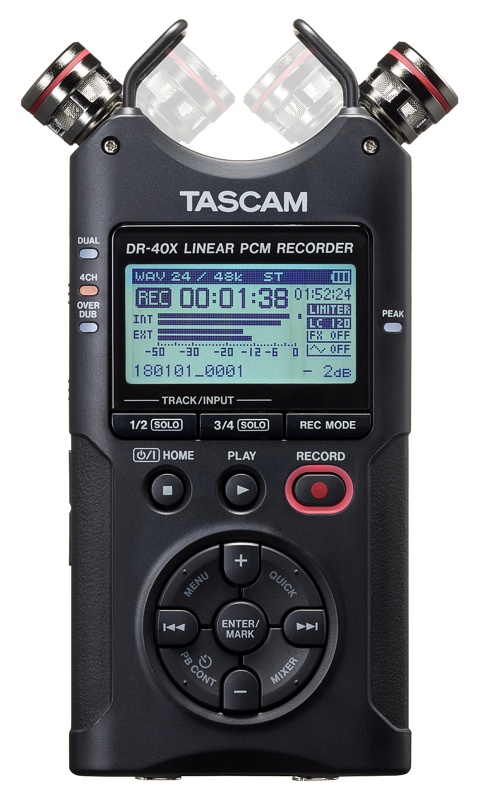 TASCAM DR-40X портативный PCM стерео рекордер с встроенными микрофонами, русское меню, WAV/MP3/Broadcast Wav (BWF), подключение 2-х внешних микрофонов