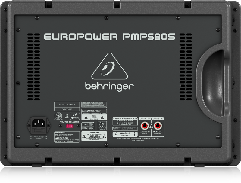 Behringer PMP580S микшер-усилитель, 2x250Вт•4Ом,  6 моно, 2 стерео, 6 микр. предус., эффекты, беспровод. опц.