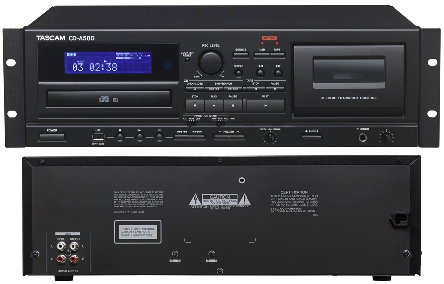 TASCAM CD-A580 CD проигрыватель / USB / Кассетный плеер-рекордер, CD/MP3, Pitch CD/ кассета ±10%, RCA разъёмы, пульт ДУ