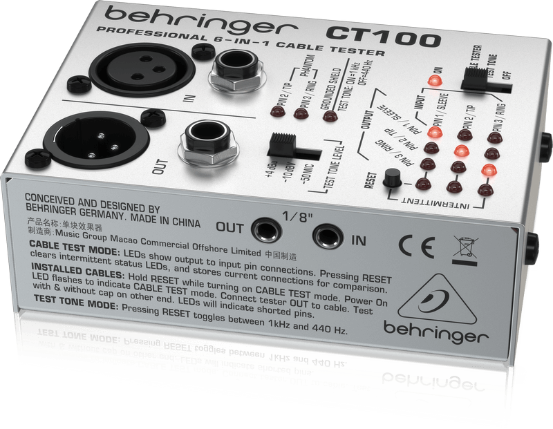 BEHRINGER CT100 - кабель-тестер,разъёмы XLR,TRS (1/4',1/8',TT), RCA,MIDI,дисплей,бат. 2-АА (не вкл)