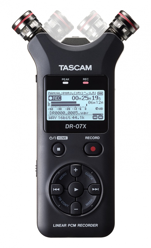 TASCAM DR-07X портативный PCM стерео рекордер с встроенными микрофонами, WAV/MP3, русское меню, габариты 90  × 158  × 26 мм, вес без батареек 130 гр.