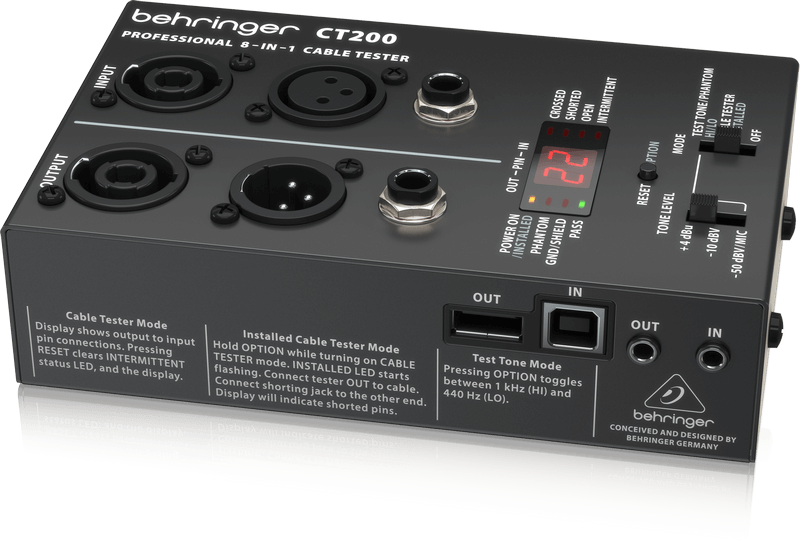 Behringer CT200 тестер кабелей XLR, Speakon, TRS (1/4",1/8"), RCA, RJ45, MIDI и USB с процессорным управлением