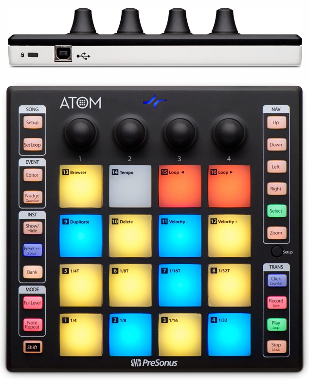 PreSonus ATOM USB-контролер для управления виртуальными инструментами, 16 PAD с посленажатием,4 энкодера, 20 назначаемых кнопок, 8 банков, Note Repeat
