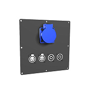 Лючок планшетный ПЛ.20.20. (1SCHUKO-2XLRf-2Speakon) Панель лючка, окрашенная порошковой краской черного цвета с разъёмами